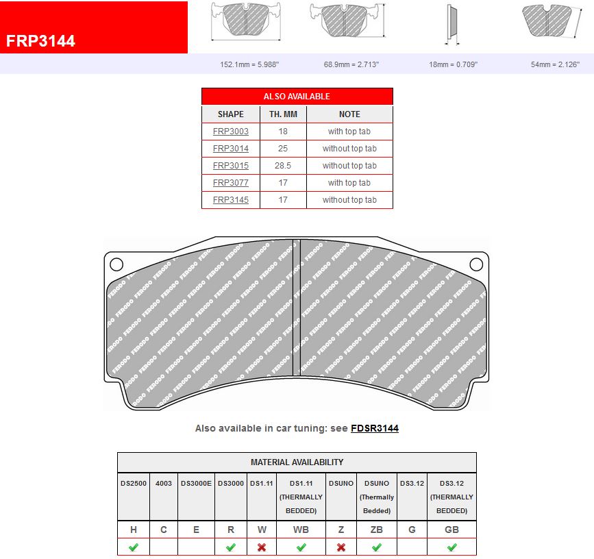 Plaquettes Ferodo DS Uno FRP3144Z AP Racing Pro5000r CP9660