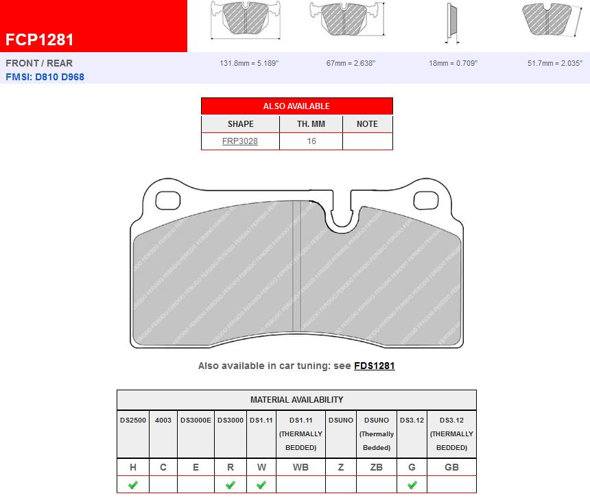 Plaquettes Ferodo DS2500 FRP1281H Brembo GT 4 pistons