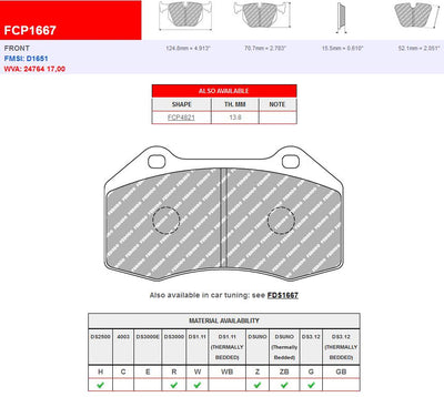 Plaquettes Ferodo DS2500 FRP1667H Alcon CAR97 6 pistons