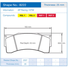 Charger l&#39;image dans la galerie, Plaquettes pagid RSL1 8222- AP Racing Pro5000R CP9665
